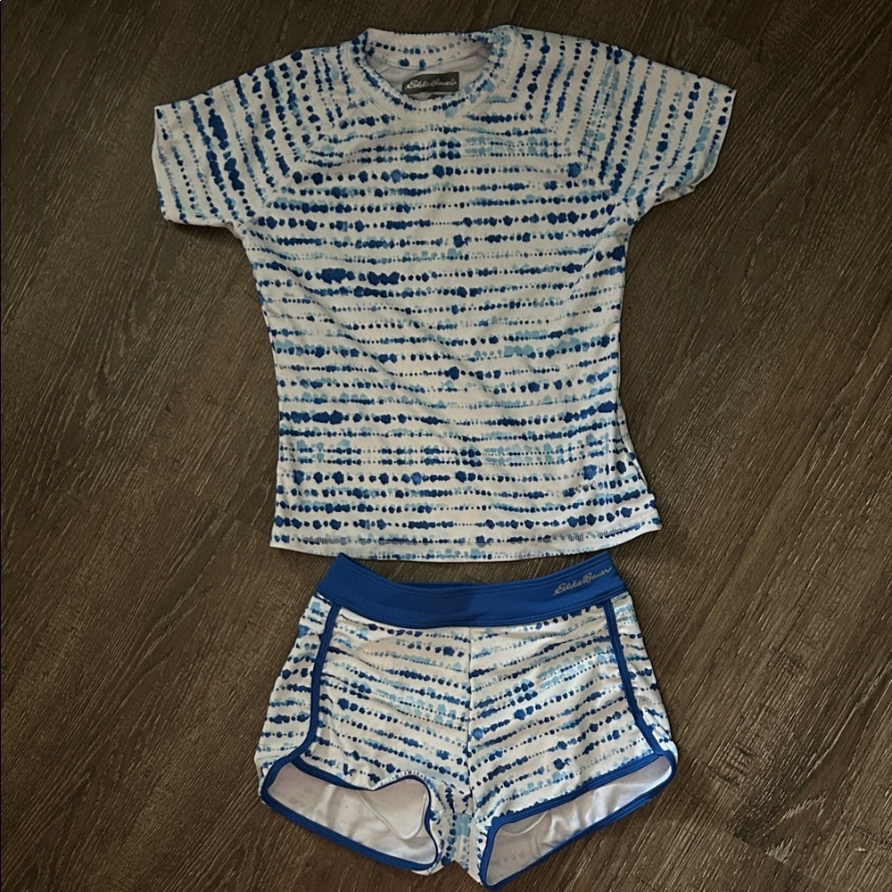 Eddie Bauer Blue and White Tie-Dye Swim Set. Size 7/8